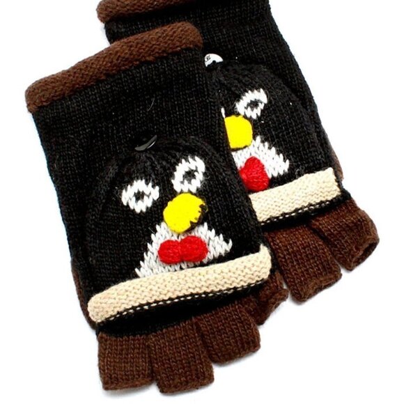 D & Y Womens Kids Knot Winter Hand Gloves Flip Top Penguin Wool Blend Mittens - Picture 1 of 2